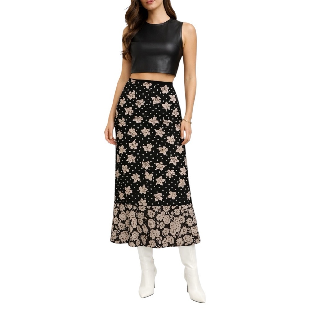 Chico’s Black Floral Midi Skirt | Y2K Boho | Flared Ruffle Hem | Women’s 4